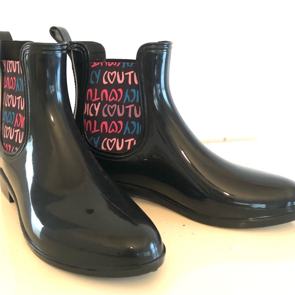 🆕Juicy Couture Black Heart Romance Graffiti Rain Rubber Rain Boots